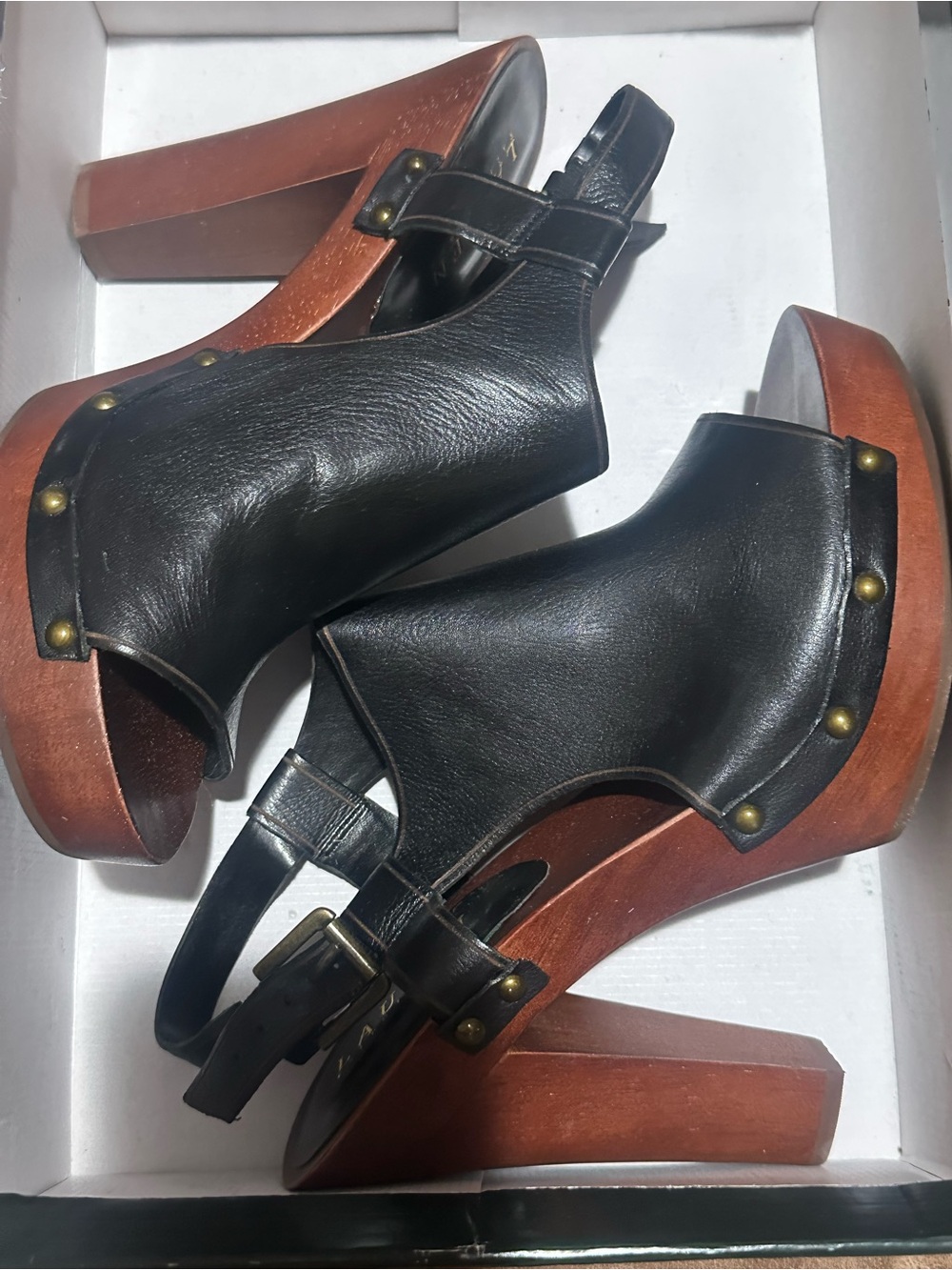 Lauren Ralph Lauren Black Leather Platform Slingback Sandals with Wood Heel